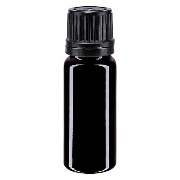 Frasco de farmacia violeta, 10 ml, tapón de rosca negro, con anillo de vertido y precinto de originalidad