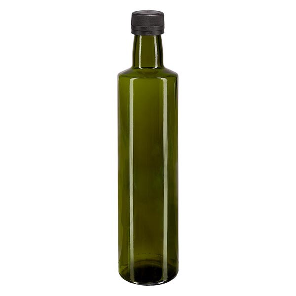 Botella de aceite, 500 ml, redonda, verde, incluye tapón de rosca negro (PP, 31,5 mm) con anillo de vertido con precinto de originalidad