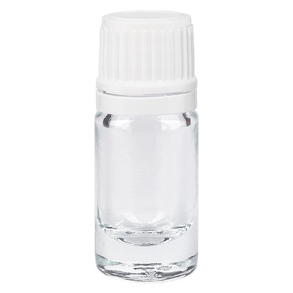 Frasco de farmacia transparente, 5 ml, tapón cuentagotas, 1,2 mm, blanco, precinto de originalidad