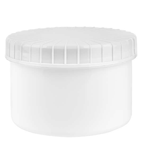 Bote de plástico, 250 ml, blanco, con tapa de rosca blanca estriada de PE, tipo de cierre estándar