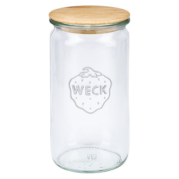 Tarro cilíndrico mini WECK de 340 ml con tapa de madera