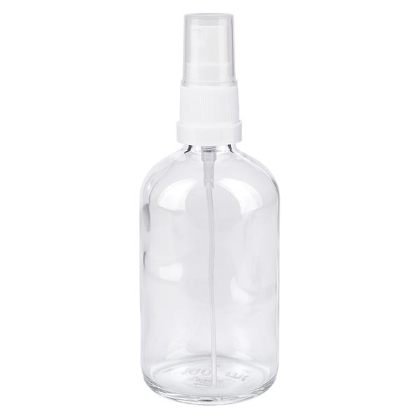 Frasco de vidrio transparente de 100 ml con atomizador blanco