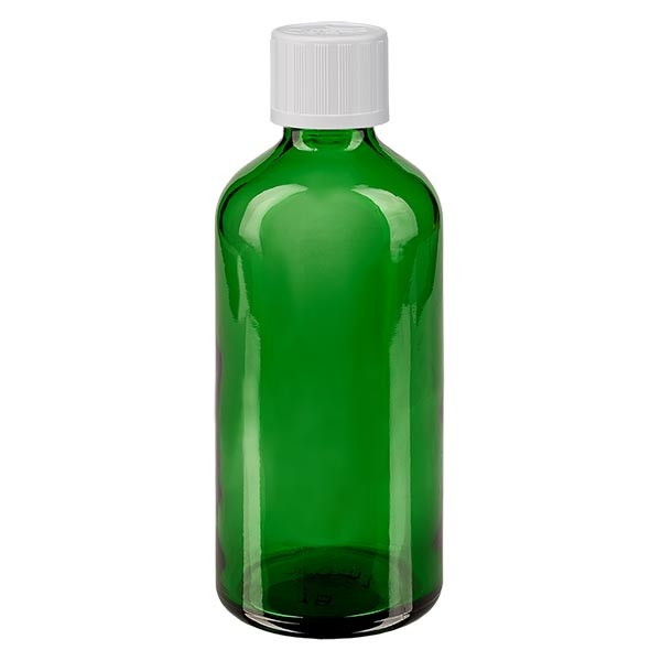 Frasco de farmacia verde, 100 ml, tapón cuentagotas blanco, con seguro para niños, estándar