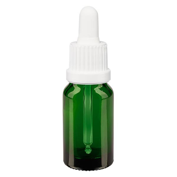 Frasco con pipeta cuentagotas verde, 10 ml, pipeta blanca con precinto de originalidad