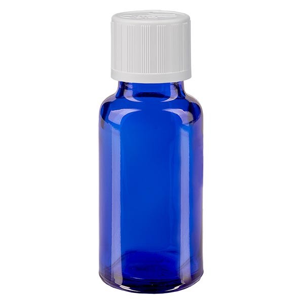 Frasco de farmacia azul, 20 ml, tapón de rosca blanco, con seguro para niños, estándar