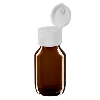 Frasco de medicina según norma europea de 50 ml, ámbar, con tapón bisagra blanco Frasco de medicina según norma europea de 50 ml, ámbar, con tapón bisagra blanco