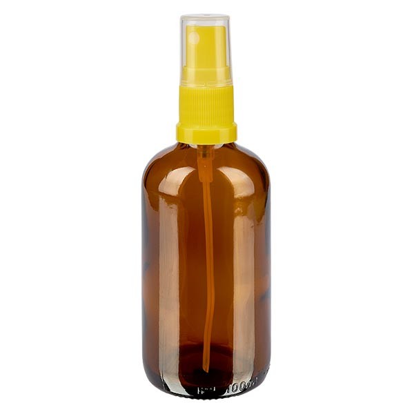 Frasco de vidrio ámbar de 100 ml con atomizador amarillo