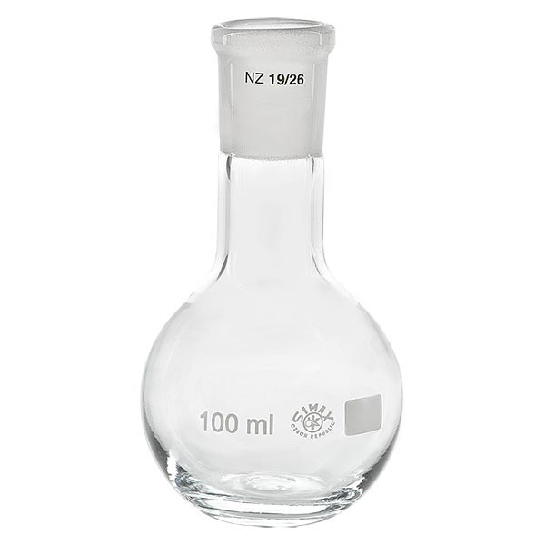 Matraz con fondo plano de 100 ml de cuello estrecho, borosilicato, con esmerilado normalizado 19/26