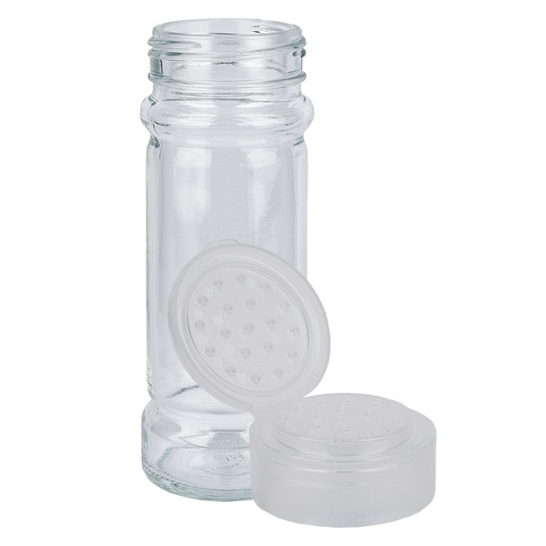 Bote para especias de forma cilíndrica de 100 ml con rosca de 41 mm, vidrio transparente con tapa de rosca para espolvorear, blanca