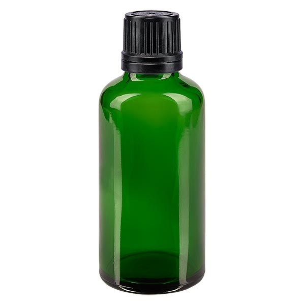 Frasco de farmacia verde, 50 ml, tapón cuentagotas premium negro, 1 mm, con precinto de originalidad