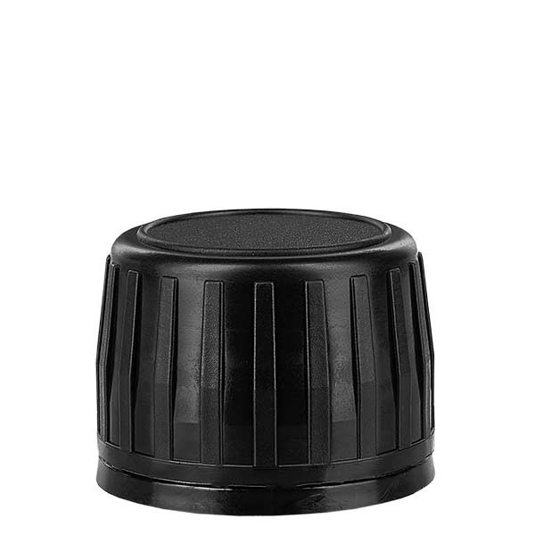 Tapón de rosca de 28 mm, negro, para frascos de medicina con precinto de originalidad