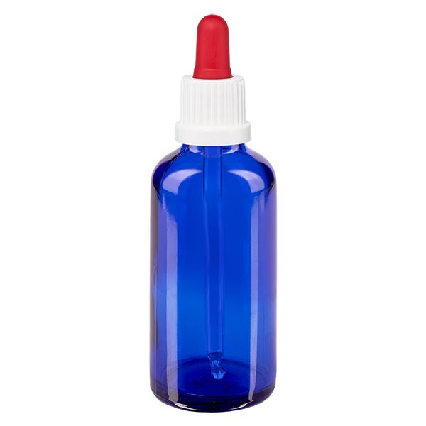 Frasco con pipeta cuentagotas azul, 50 ml, pipeta blanca/roja, precinto de originalidad