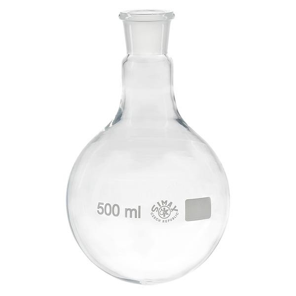 Matraz con fondo redondo de 500 ml de cuello ancho, borosilicato, con esmerilado normalizado 29/32