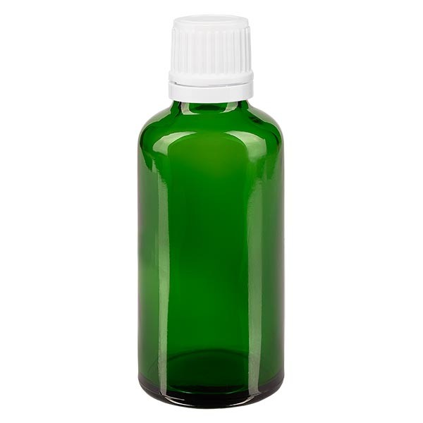 Frasco de farmacia verde, 50 ml, tapón cuentagotas blanco, 1,2 mm, con precinto de originalidad
