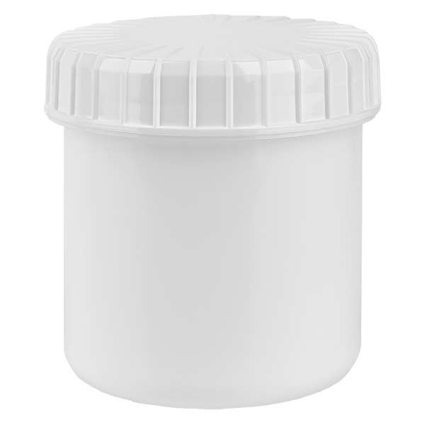 Bote de plástico, 75 ml, blanco, con tapa de rosca blanca estriada de PE, tipo de cierre estándar
