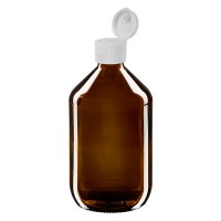Frasco de medicina según norma europea de 500 ml, ámbar, con tapón bisagra blanco Frasco de medicina según norma europea de 500 ml, ámbar, con tapón bisagra blanco