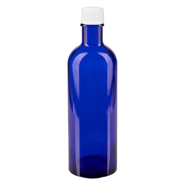 Frasco de farmacia azul, 200 ml, tapón de rosca blanco, estándar