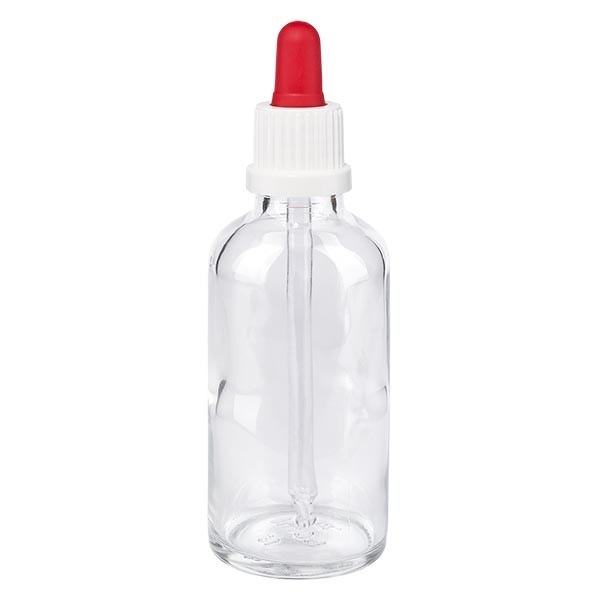 Frasco con pipeta cuentagotas transparente, 50 ml, pipeta blanca/roja, precinto de originalidad