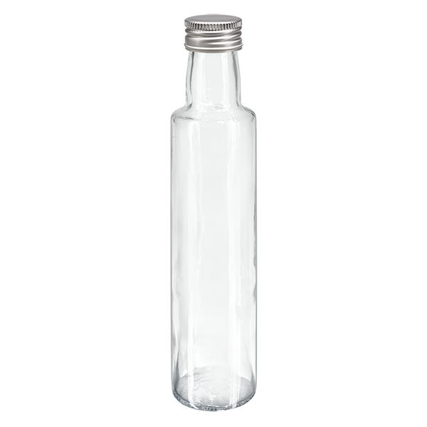 Botella de licor, 250 ml, redonda, vidrio transparente, incluye tapón de rosca plateado de aluminio (PP, 31.5 mm)