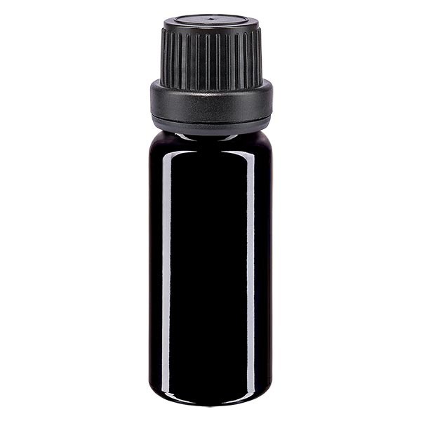 Frasco de farmacia violeta, 10 ml, tapón cuentagotas premium negro, 2 mm, con precinto de originalidad