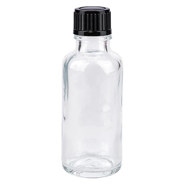 Frasco de farmacia transparente, 30 ml, tapón de rosca negro, estándar