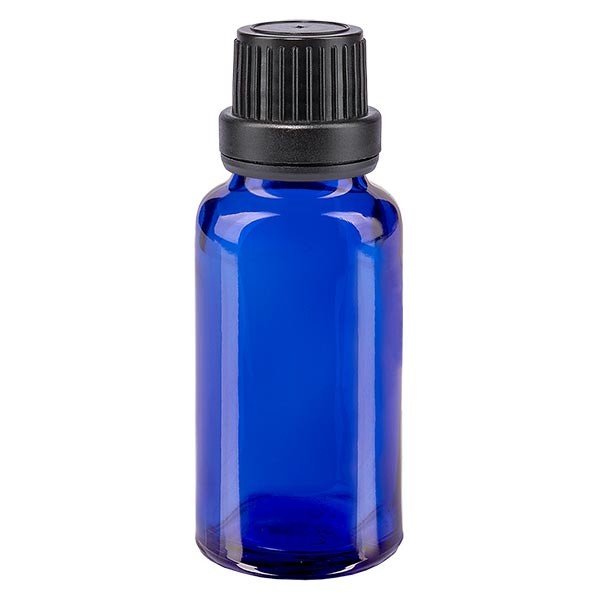 Frasco de farmacia azul, 20 ml, tapón de rosca negro, junta de estanqueidad, con precinto de originalidad