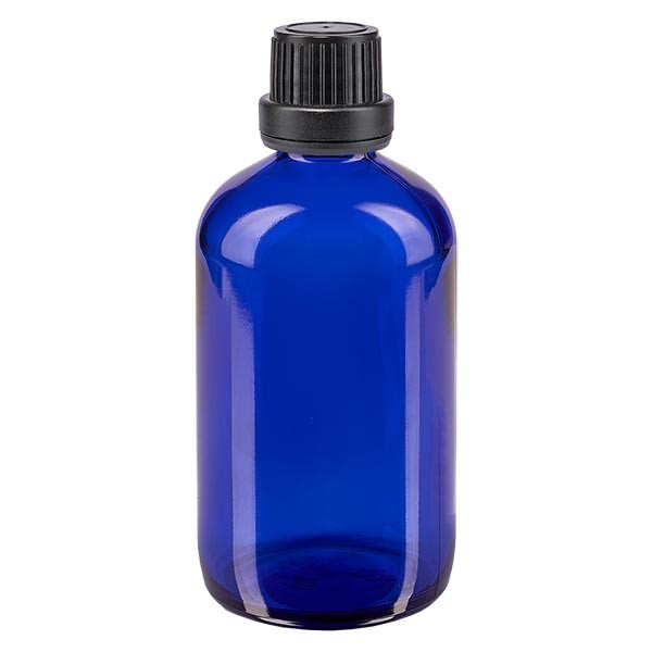 Frasco de farmacia azul, 100 ml, tapón cuentagotas negro premium, 2 mm con precinto de originalidad