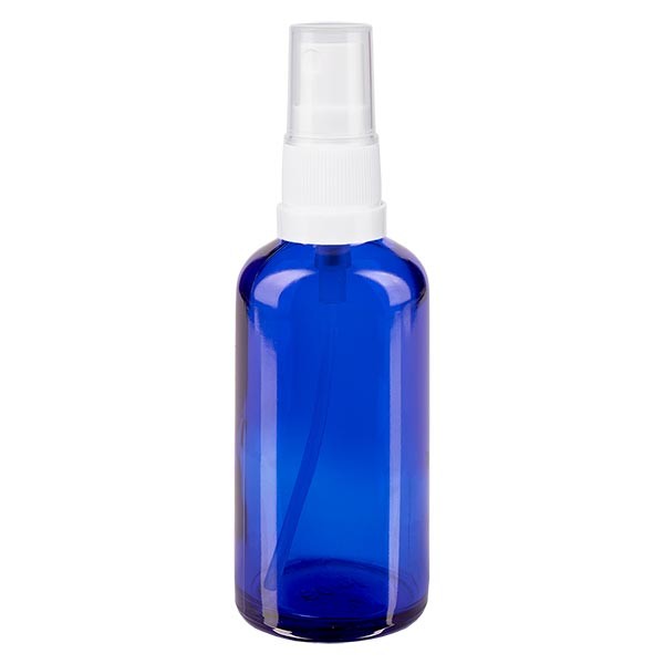 Frasco de vidrio azul de 50 ml con atomizador blanco