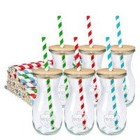 6 botellas para zumos WECK de 290 ml RR60 con tapa de madera y 100 pajitas ecológicas de papel 6 botellas para zumos WECK de 290 ml RR60 con tapa de madera y 100 pajitas ecológicas de papel