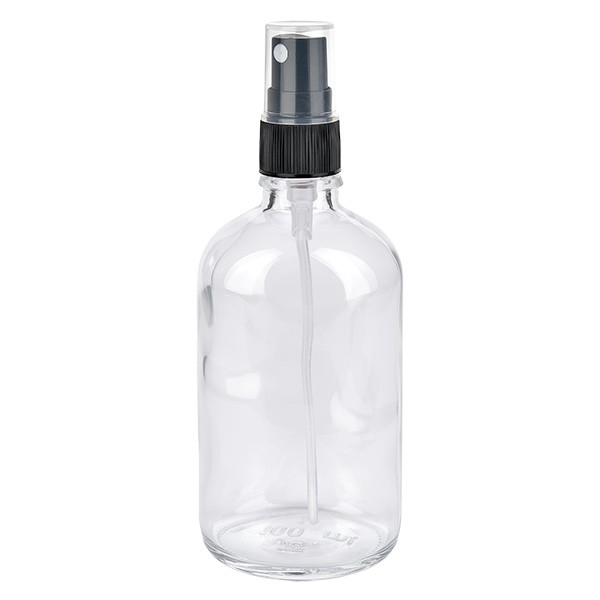 Frasco de vidrio transparente de 100 ml con atomizador negro