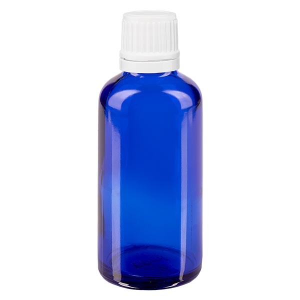 Frasco de farmacia azul, 50 ml, tapón cuentagotas blanco, 1,2 mm, con precinto de originalidad
