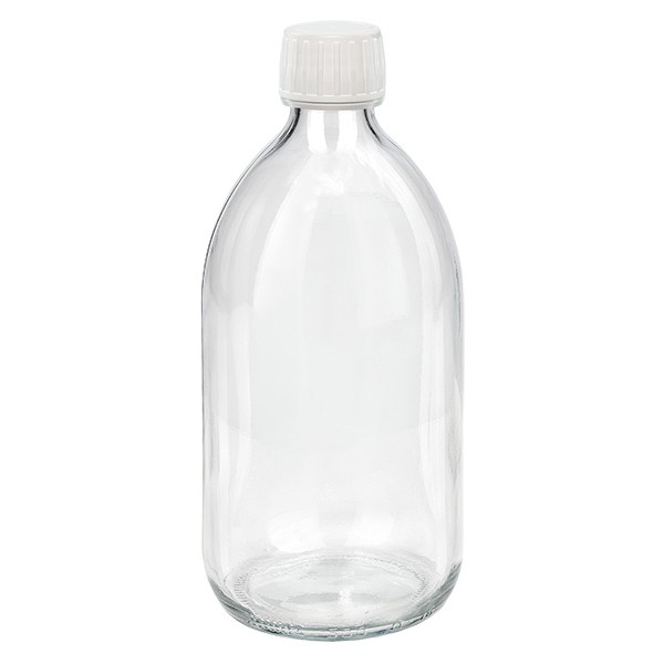 Frasco de medicina según norma europea de 500 ml, transparente, con tapón blanco