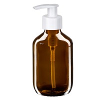 Frasco de medicina según norma europea de 200 ml, ámbar, con dispensador blanco Frasco de medicina según norma europea de 200 ml, ámbar, con dispensador blanco