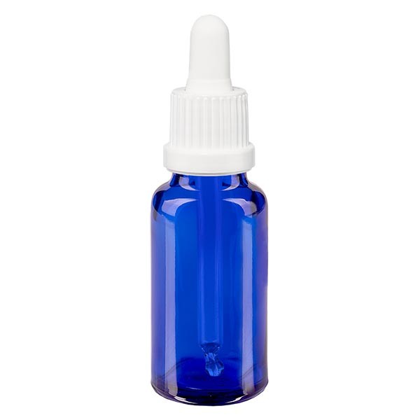 Frasco con pipeta cuentagotas azul, 20 ml, pipeta blanca con precinto de originalidad