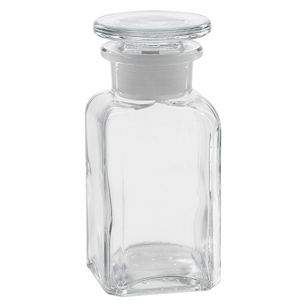 Frasco de farmacia cuadrado de 100 ml, cuello ancho, vidrio transparente, con tapón de vidrio