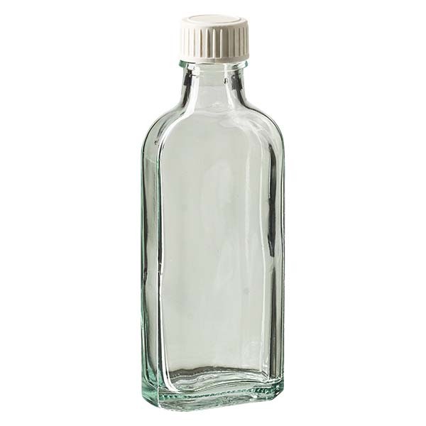 Botella meplat blanca de 100 ml con boca DIN 22, con cierre blanco de PP con inserto de espuma de PE