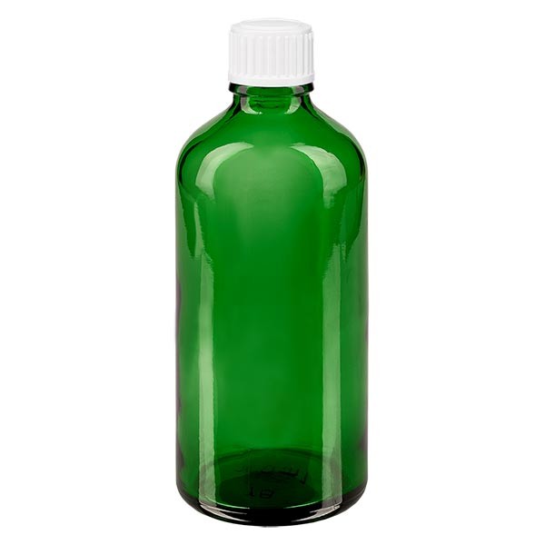 Frasco de farmacia verde, 100 ml, tapón cuentagotas blanco, 0,8 mm, estándar