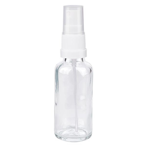 Frasco de vidrio transparente de 30 ml con atomizador blanco