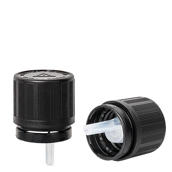 Tapón cuentagotas de 1 mm premium negro de 18 mm con precinto de originalidad, seguro para niños y seña. para ciegos