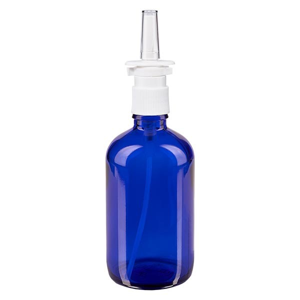 Frasco de vidrio azul de 100 ml con espray nasal blanco