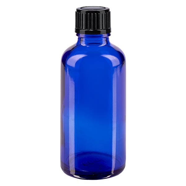 Frasco de farmacia azul, 50 ml, tapón cuentagotas negro, 1 mm, estándar