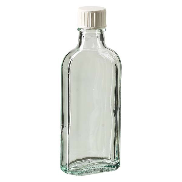 Botella meplat blanca de 100 ml con boca DIN 22, con tapón de rosca blanco con anillo de vertido