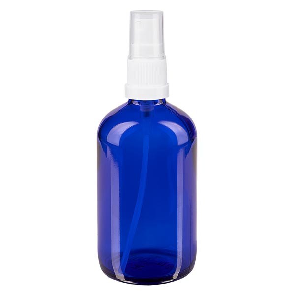 Frasco de vidrio azul de 100 ml con atomizador blanco