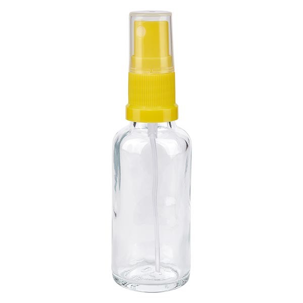 Frasco de vidrio transparente de 30 ml con atomizador amarillo