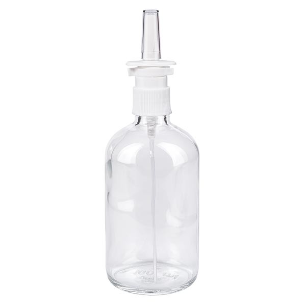 Frasco de vidrio transparente de 100 ml con espray nasal blanco