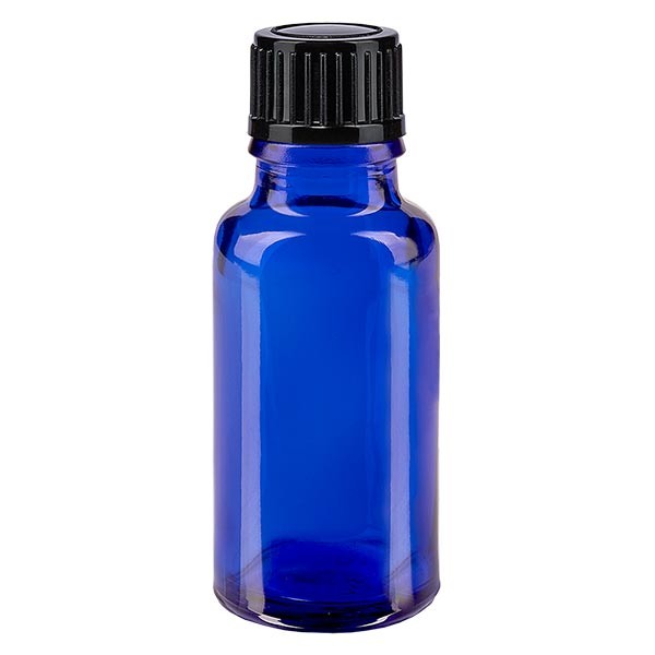 Frasco de farmacia azul, 20 ml, tapón cuentagotas negro, 1 mm, estándar