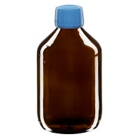 Frasco de medicina según norma europea de 300 ml, ámbar, con tapón azul Frasco de medicina según norma europea de 300 ml, ámbar, con tapón azul