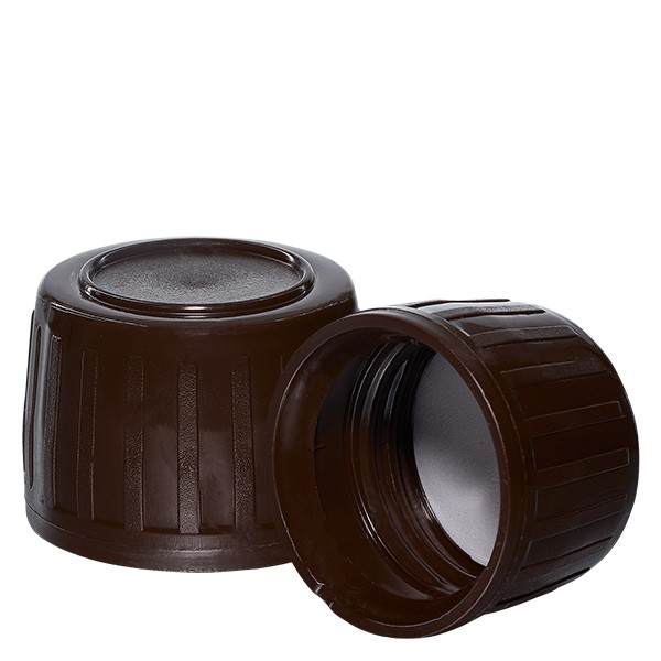 Tapón de rosca, marrón, 28 mm para frascos de medicina (precinto de originalidad) con disco de sellado de PEE