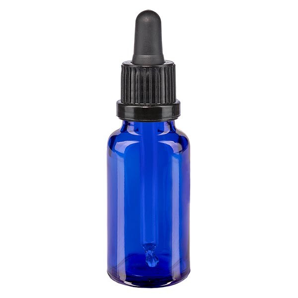 Frasco con pipeta cuentagotas azul, 20 ml, pipeta negra, precinto de originalidad