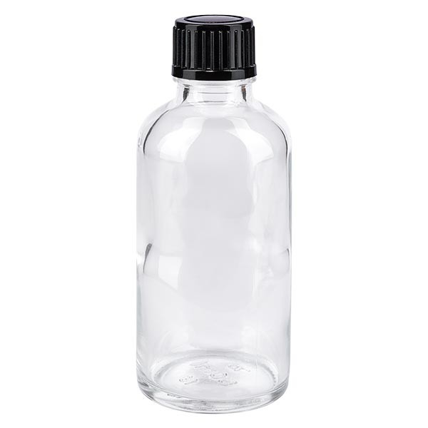 Frasco de farmacia transparente, 50 ml, tapón cuentagotas negro, 1 mm, estándar